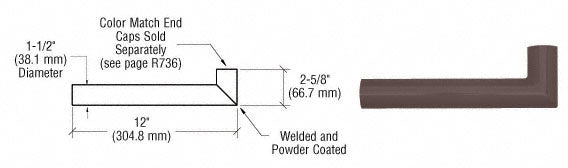 A technical diagram and product view of a matte bronze 90-degree aluminum wall hand rail return for 1-1/2 inch diameter tubing.