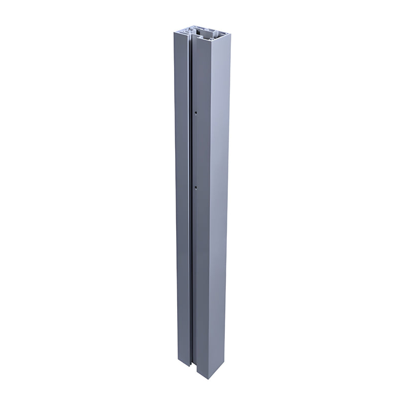 A vertical metallic silver Cielo post featuring a hollow rectangular profile with a side channel for glazing.