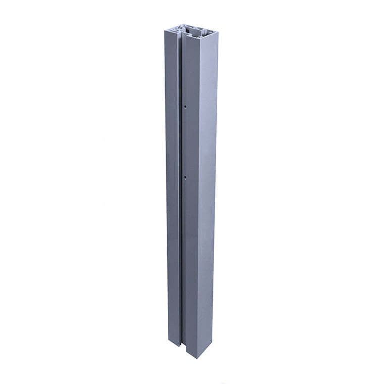 A vertical metallic silver Cielo post featuring a hollow channel design for glazing installation.