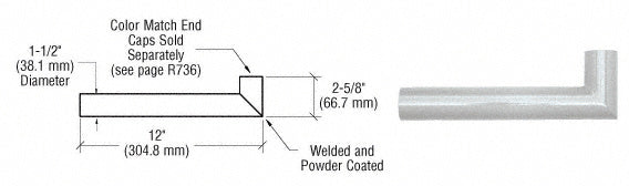 A technical diagram and product photo showing a 90-degree metallic silver aluminum wall hand rail return for 1-1/2 inch diameter tubing.