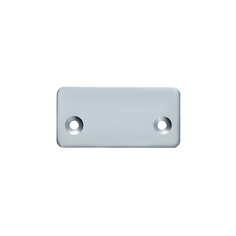 A rectangular mill finish decorative end cap featuring two pre-drilled countersunk mounting holes.