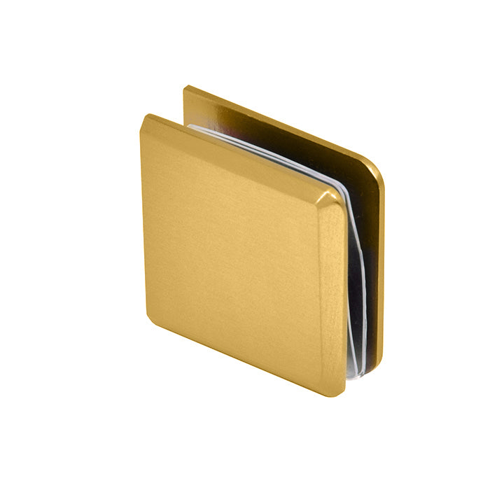 A front-facing view of the Modern Gold heavy-duty glass clamp showing its beveled edges.