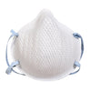 A white N95 disposable particulate respirator featuring a Dura Mesh exterior and elastic head straps.
