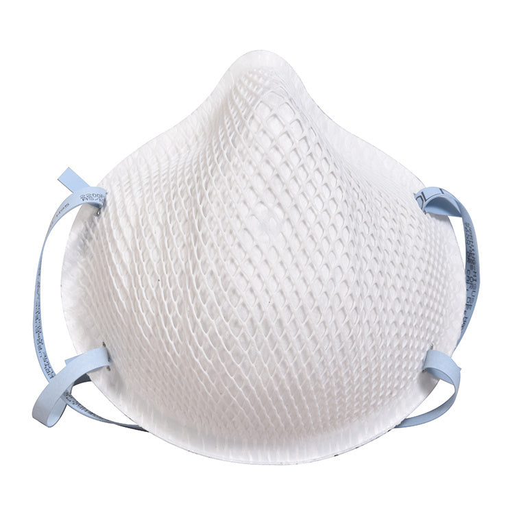 A white N95 disposable particulate respirator featuring a Dura Mesh exterior and elastic head straps.