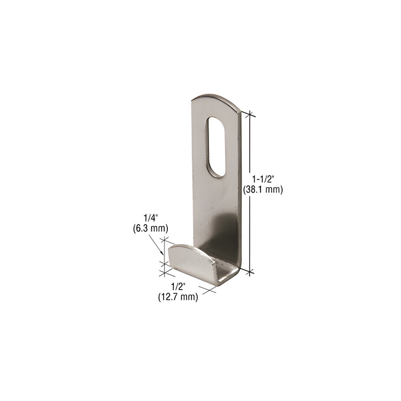 A nickel-plated steel mirror clip with a slotted mounting hole and a 1/4-inch front lip.