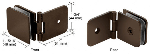 Front and rear views of an oil rubbed bronze adjustable wall mount glass clamp showing dimensions.