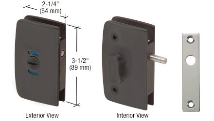 An oil rubbed bronze glass swinging door lock with an indicator, shown from both exterior and interior views with dimensions.