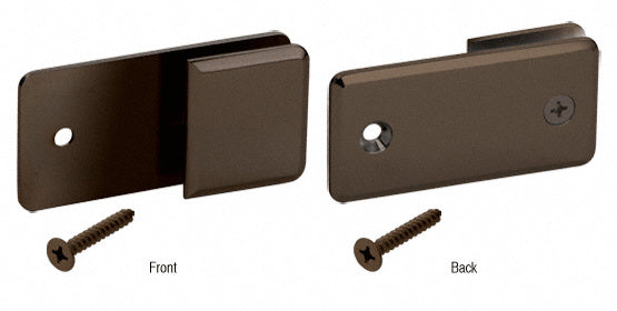 Front and back views of an oil rubbed bronze brass glass clamp with a mounting screw.