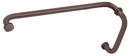 An oil rubbed bronze BM series combination pull handle and towel bar with metal washers for glass shower doors.