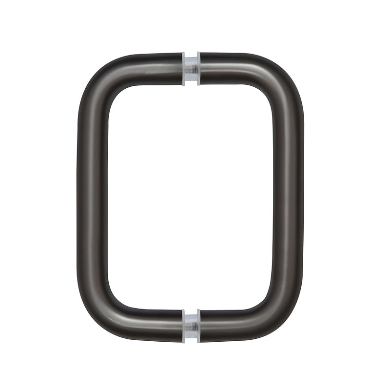 A front-facing view of the oil rubbed bronze solid brass back-to-back pull handle.