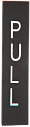 A rectangular oil rubbed bronze pull indicator sign with the word PULL printed vertically in white.