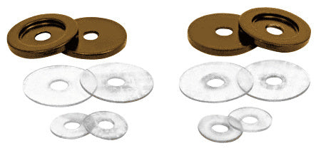 A set of oil rubbed bronze brass washers and clear plastic gaskets for back-to-back pull handles.
