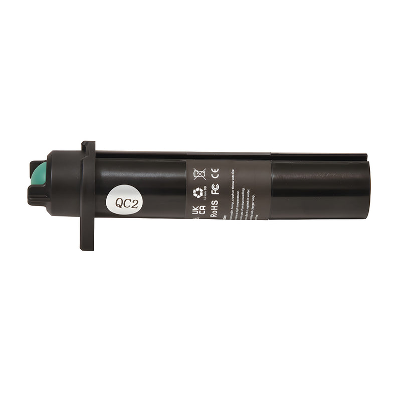 A side view of the black cylindrical lithium-ion battery for the OTTOVAC tool showing safety labels.