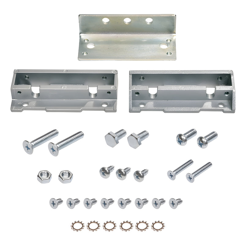A set of overhead concealed closer mounting clips including an angle bracket, two F-clips, and various mounting screws, nuts, and washers.