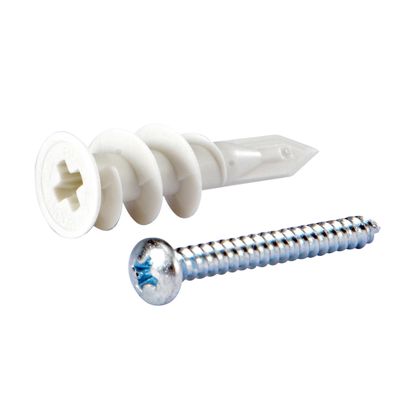 A white plastic drywall anchor is shown next to a #8 pan head Phillips screw.