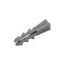A close-up view of a grey plastic screw anchor with a ribbed design.