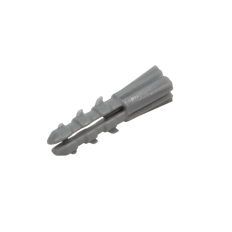 A close-up view of a grey plastic screw anchor with a ribbed design.