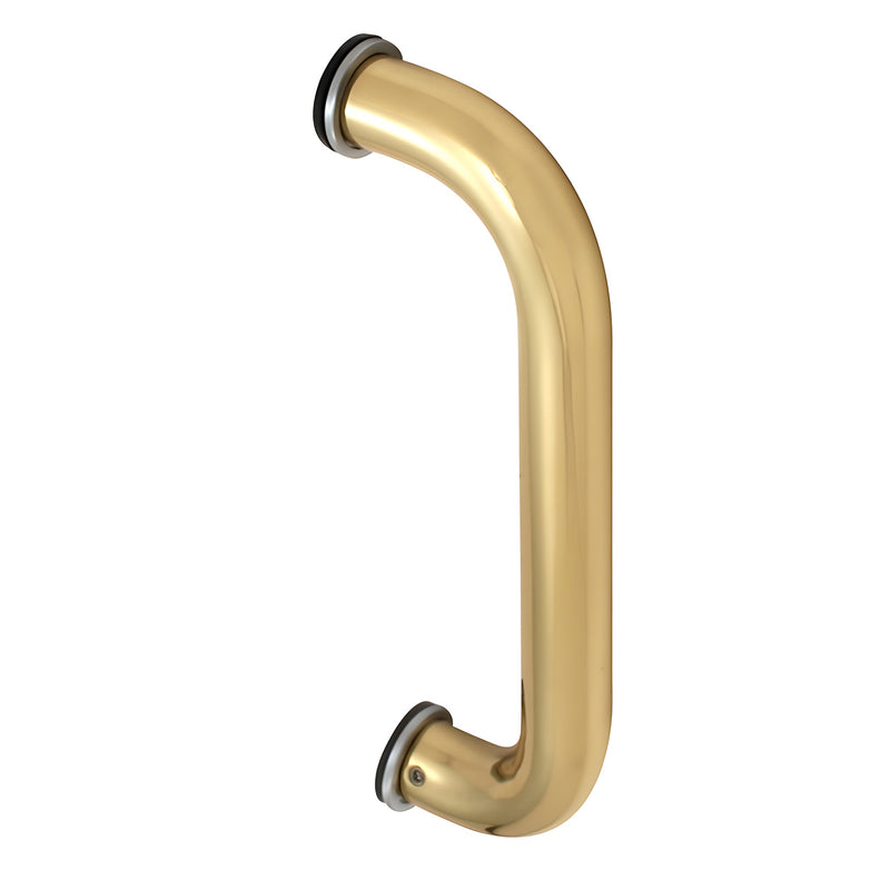 A polished brass door pull handle with a 1-inch diameter and 8-inch mounting center.