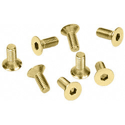 A pack of eight polished brass flat head screws with hex drive style arranged on a white background.