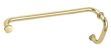 A polished brass BM series combination pull handle and towel bar with metal washers for glass shower doors.