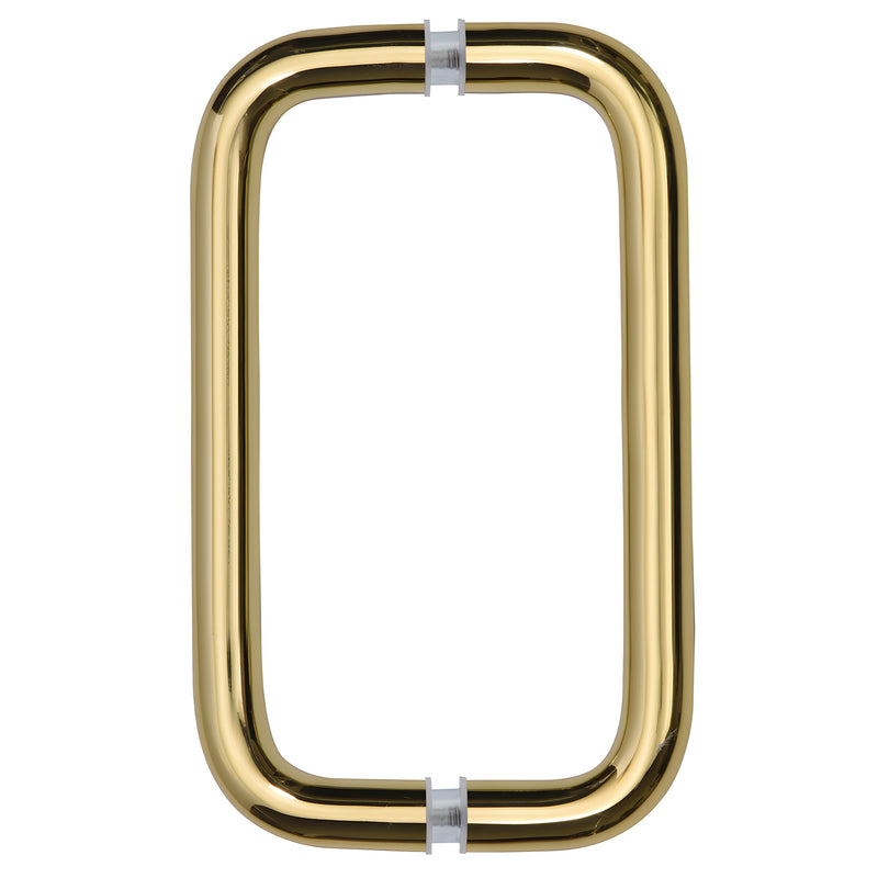 A front-facing view of the polished brass 8-inch back-to-back solid pull handle.