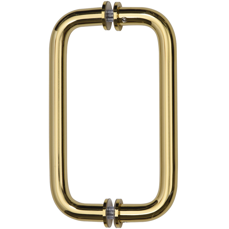A front-facing view of the polished brass tubular back-to-back pull handle.