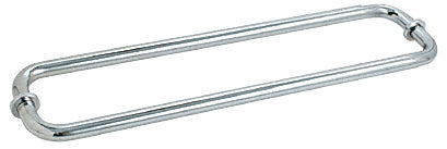 A polished chrome 18-inch back-to-back tubular towel bar with metal washers for glass mounting.