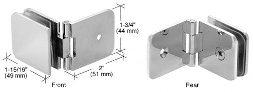 Front and rear views of a polished chrome adjustable wall mount glass clamp showing dimensions and mounting holes.