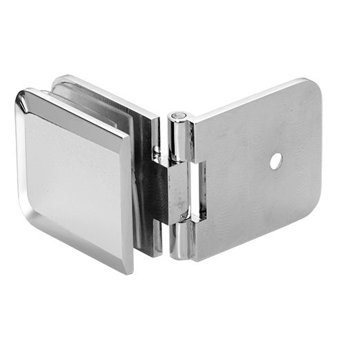 A polished chrome beveled wall mount glass clamp made of brass shown from an angled perspective.