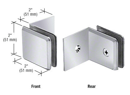 Front and rear views of a polished chrome brass beveled glass clamp with a large leg for wall or ceiling mounting.