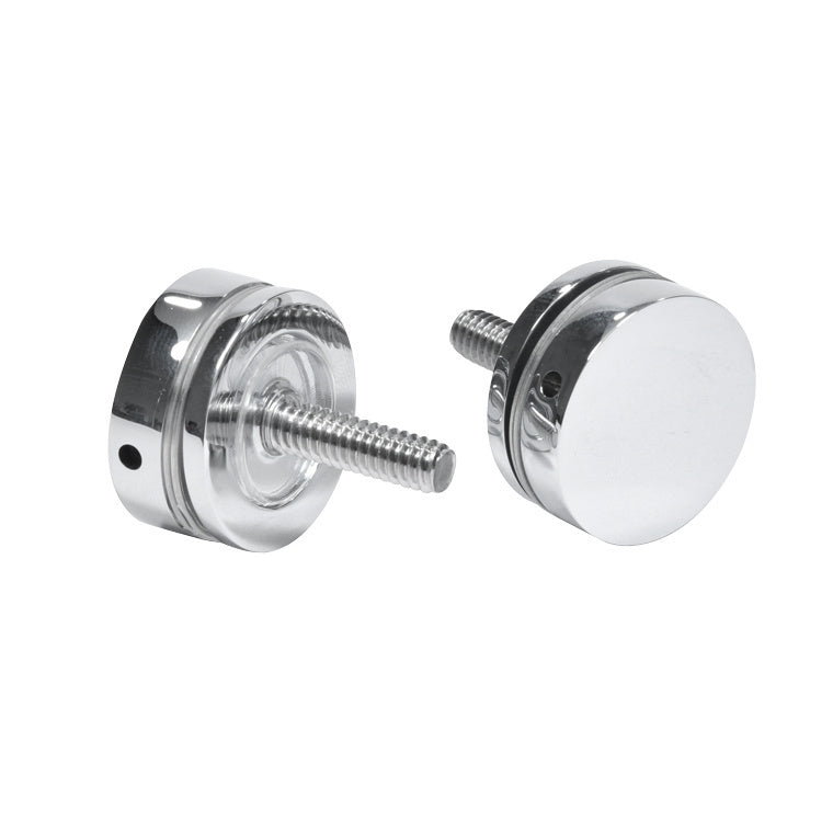 Two polished chrome brass studs with threaded bolts and washers for single-sided pull handles.
