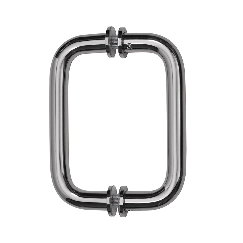 A front-facing view of the polished chrome BM series tubular back-to-back pull handle.