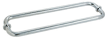 A polished chrome back-to-back tubular towel bar with metal washers for glass mounting.
