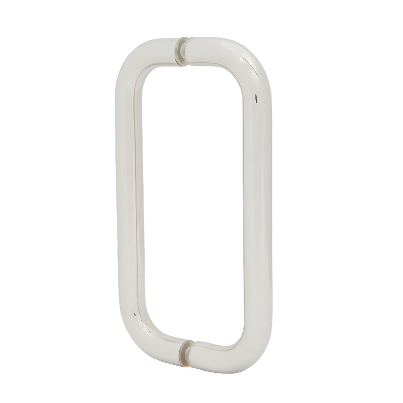 An angled view of the polished nickel BM Series back-to-back tubular shower door handle.