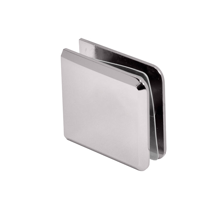 A polished nickel heavy-duty glass clamp shown from an angled perspective.