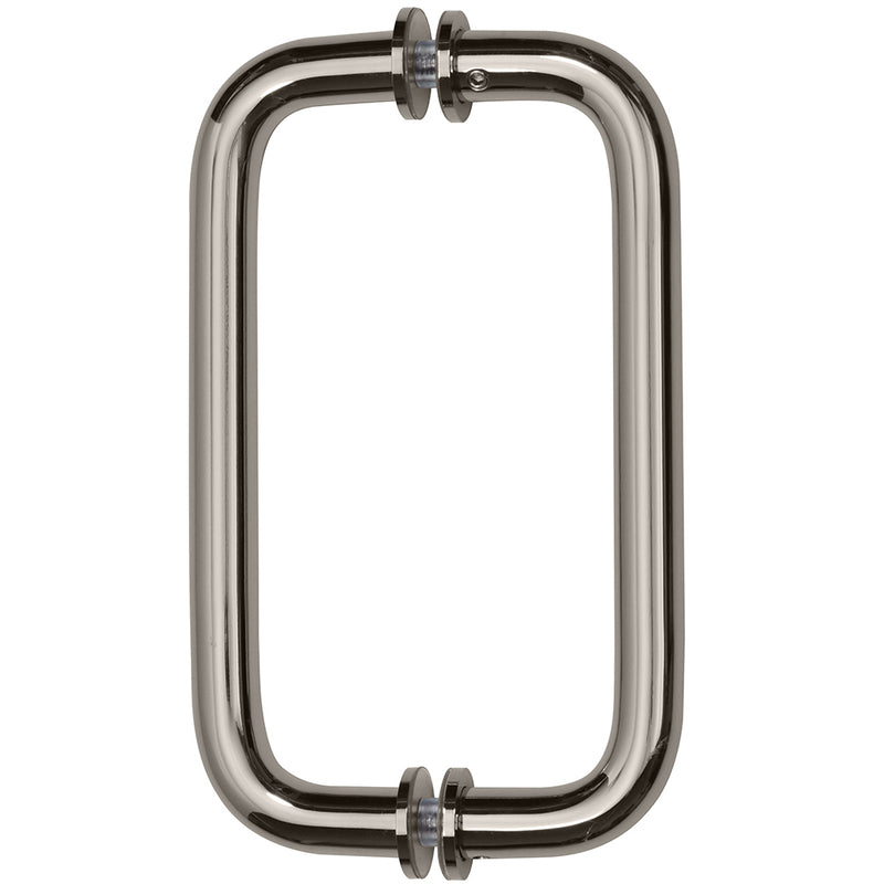 A front-facing view of the polished nickel tubular back-to-back pull handle.