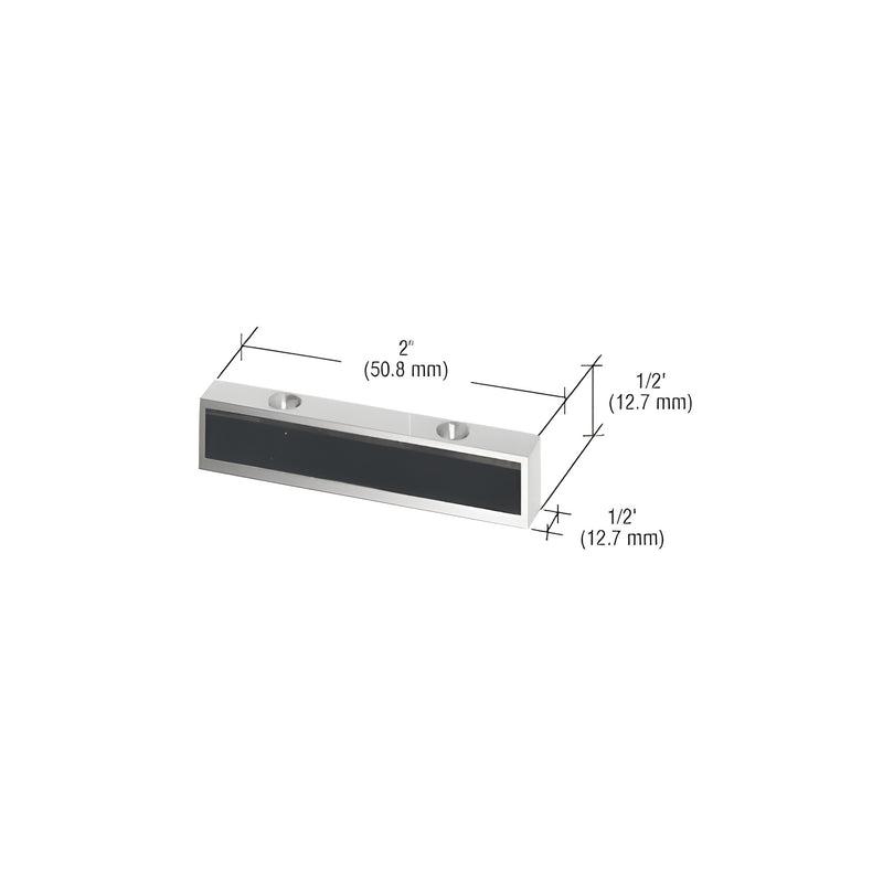 A technical diagram of a polished stainless steel single door stop measuring 2 inches wide by 1/2 inch high and deep.