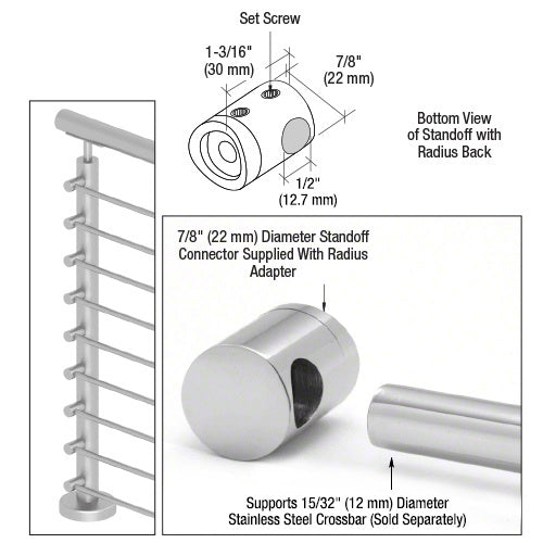 A technical diagram and product view of a 7/8 inch diameter polished stainless steel left end standoff connector with a radius back for railing systems.
