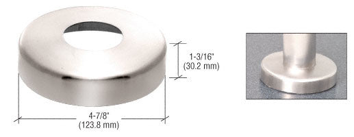 A polished stainless steel base flange cover for 1-1/4 inch pipe rail shown with dimension labels and an inset view of the installed product.