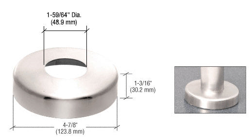 A technical diagram and inset photo showing a polished stainless steel base flange cover for P-Series railing posts.