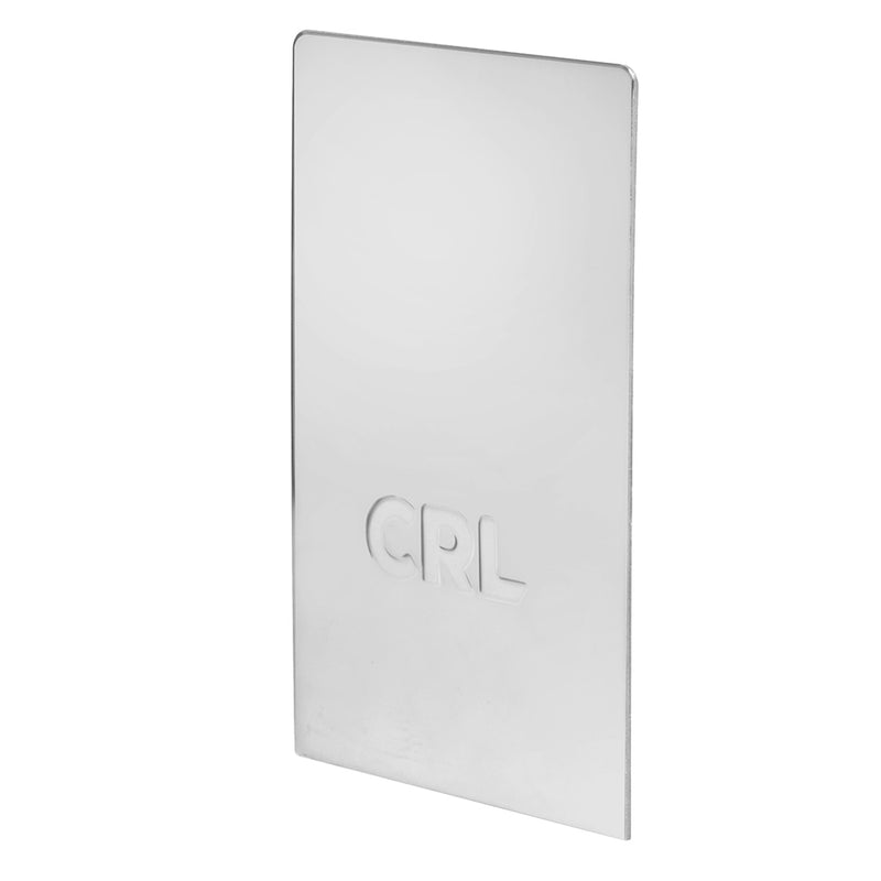 An angled view of a rectangular polished stainless steel end cap for a B5S series base shoe with the CRL logo embossed on the surface.