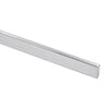 A close-up view of the 78-inch polished stainless steel header bar for the Cavoli sliding shower door system.
