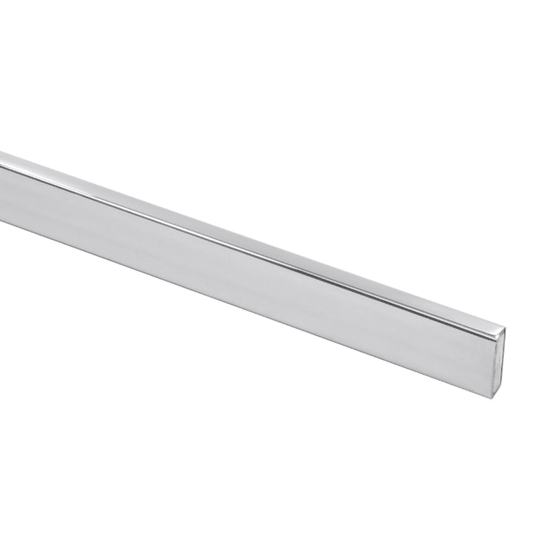 A close-up view of the 78-inch polished stainless steel header bar for the Cavoli sliding shower door system.