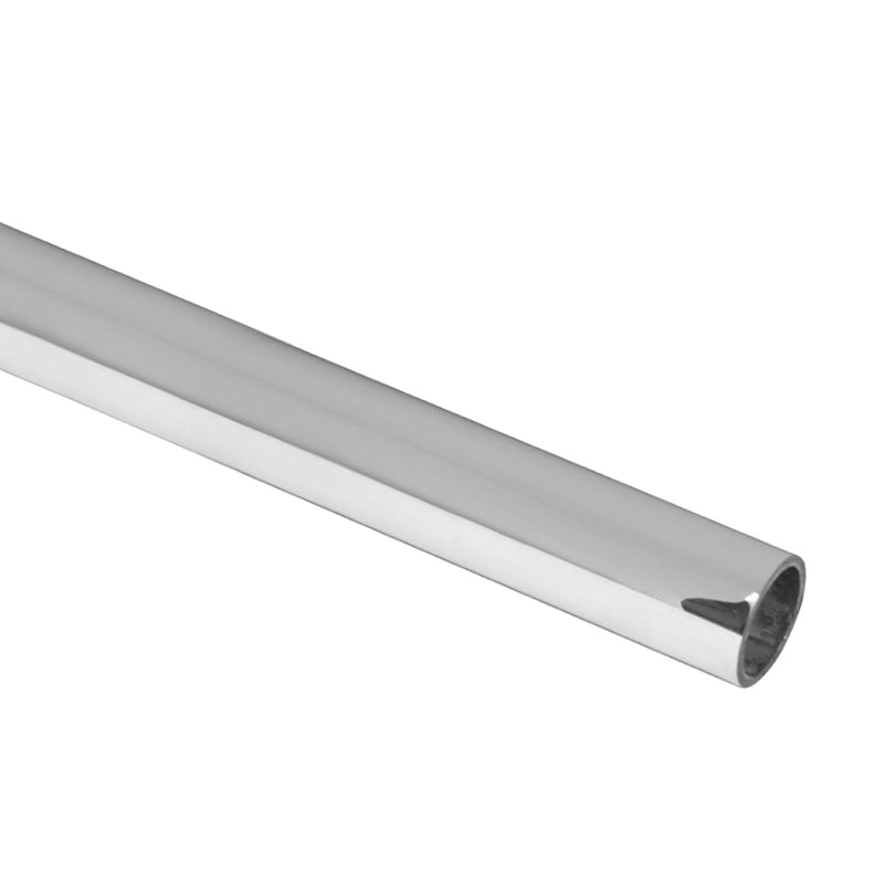 A close-up view of a polished stainless steel header bar for a Colonia sliding shower door system.