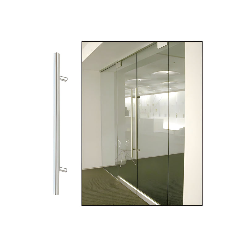 A polished stainless steel ladder style pull handle mounted on a frameless glass door.