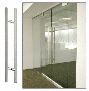 A polished stainless steel ladder style pull handle shown in isolation and installed on a frameless glass door.