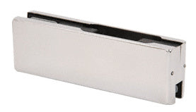 A polished stainless steel top or bottom patch fitting for glass doors shown without an insert.