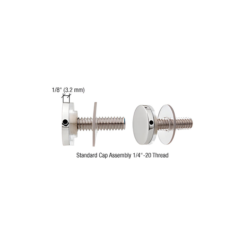 Two views of a 3/4" diameter polished stainless steel standoff cap assembly with a 1/4-20 threaded stud.