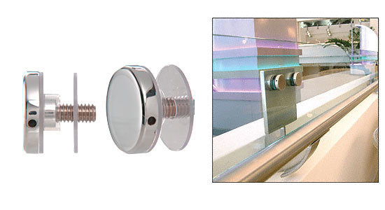A polished 316 stainless steel 1-1/2 inch diameter standoff cap assembly shown in isolation and installed on a glass panel.