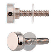 Two views of a 1/2 inch diameter polished stainless steel standoff cap assembly with a 1-1/2 inch stud.